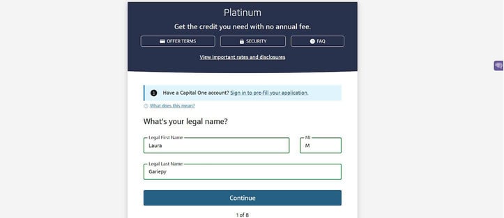 Capital One Platinum Application Step 1 screenshot Capital One Platinum Application Step 1 screenshot