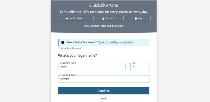 Capital One QuicksilverOne application step 1 screenshot Capital One QuicksilverOne application step 1 screenshot
