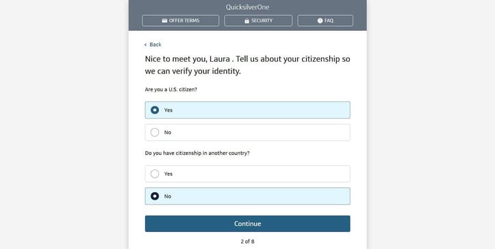 Capital One QuicksilverOne application step 2 screenshot Capital One QuicksilverOne application step 2 screenshot
