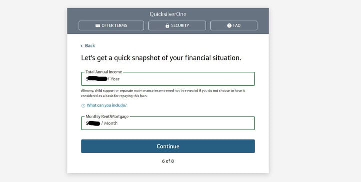 Capital One QuicksilverOne application step 6 screenshot Capital One QuicksilverOne application step 6 screenshot