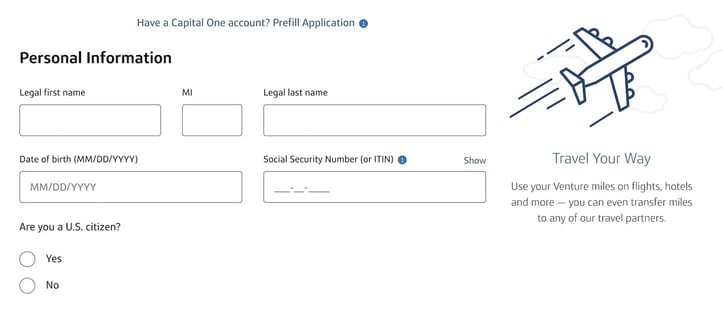Capital One Venture Rewards Application Step 1