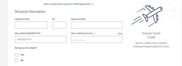 Capital One Venture X application step 1 screenshot Capital One Venture X application step 1 screenshot