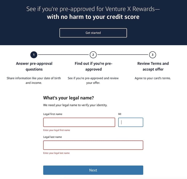 Capital One Venture X preapproval step 1 screenshot Capital One Venture X preapproval step 1 screenshot