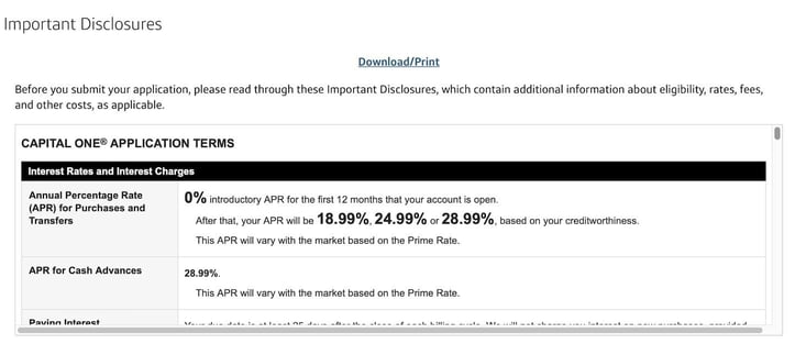 Capital One Savor Application Step 6 disclosures