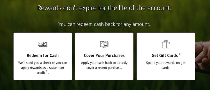 Screenshot of cash back redemption options from Capital One
