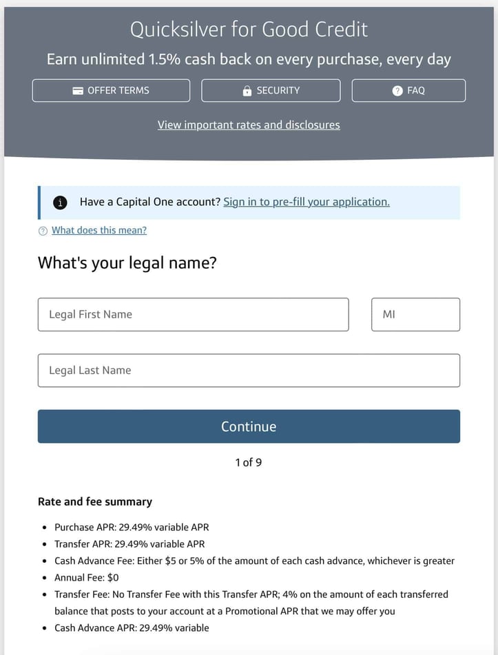 Screenshot of the card's first application page