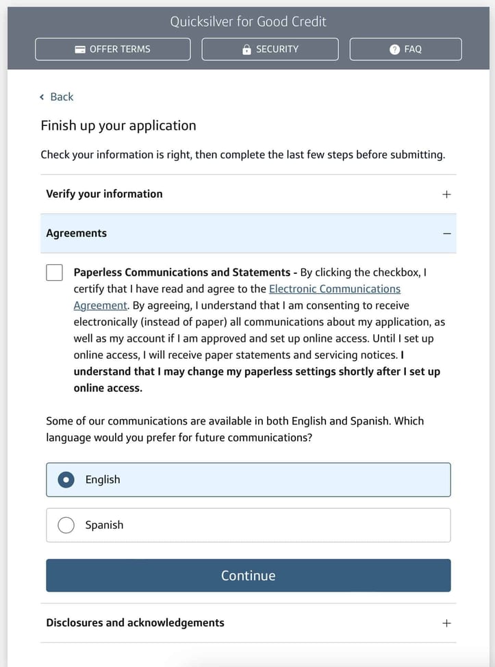 Screenshot of the card's tenth application page