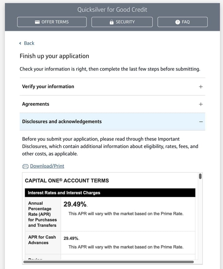 Screenshot of the card's eleventh application page