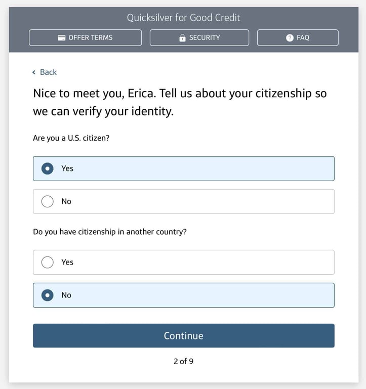 Screenshot of the card's second application page