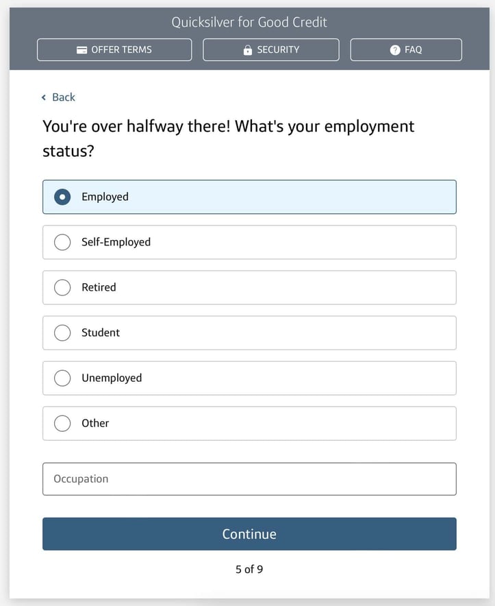 Screenshot of the card's fifth application page