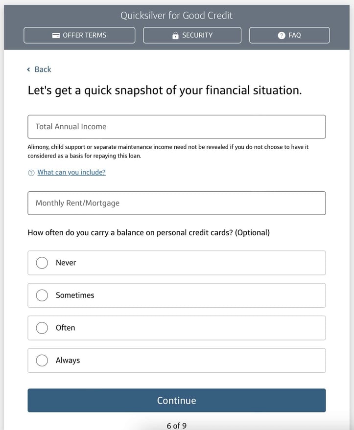 Screenshot of the card's sixth application page