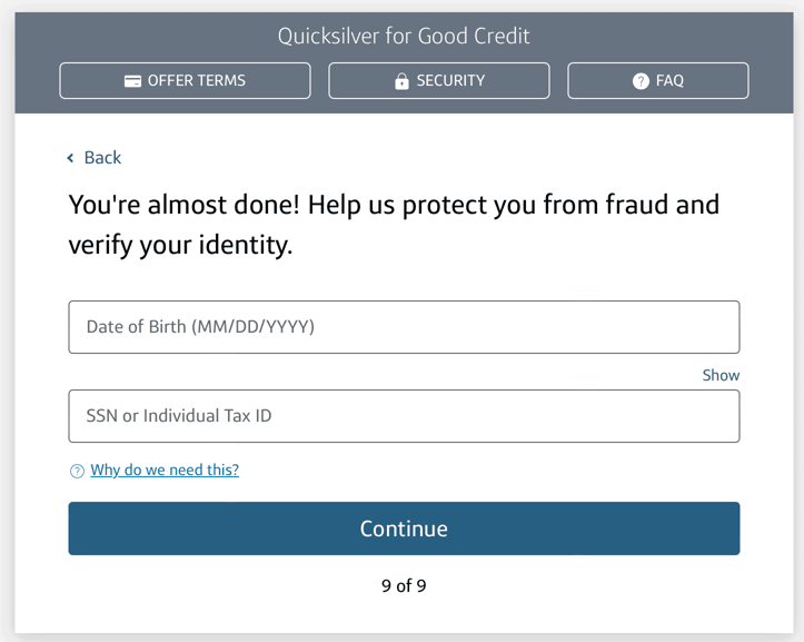 Screenshot of the card's ninth application page