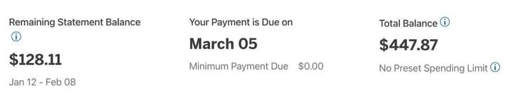 Screenshot from American Express account says Remaining statement balance $128.11 Jan 12 - Feb 08, Your Payment is Due on March 05 Minimum Payment Due $0.00, Total Balance $447.87 No Preset Spending Limit
Screenshot from American Express account says Remaining statement balance $128.11 Jan 12 - Feb 08, Your Payment is Due on March 05 Minimum Payment Due $0.00, Total Balance $447.87 No Preset Spending Limit