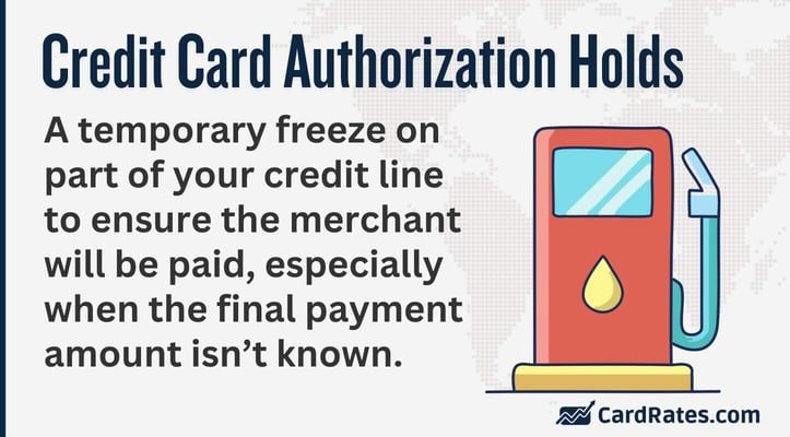 Credit Card Authorization Holds - A temporary freeze on part of your credit line to ensure the merchant will be paid especially when the final payment amount isnât known Credit Card Authorization Holds - A temporary freeze on part of your credit line to ensure the merchant will be paid especially when the final payment amount isnât known