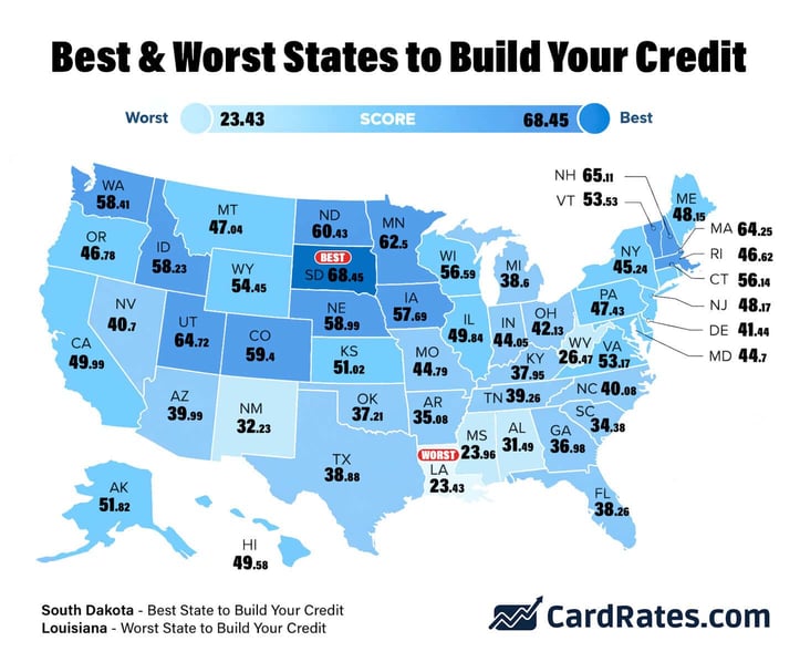 The Best (and Worst) States to Build Credit Map The Best (and Worst) States to Build Credit Map