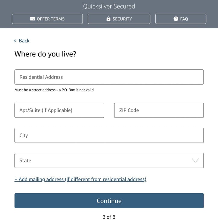 Screenshot of Capital One Quicksilver Secured Cash Rewards Credit Card Application Step 3 Screenshot of Capital One Quicksilver Secured Cash Rewards Credit Card Application Step 3