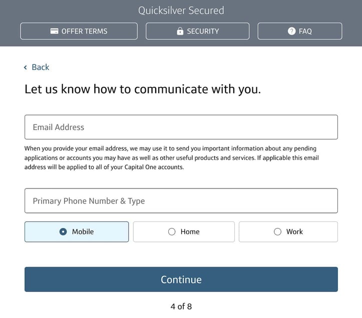 Screenshot of Capital One Quicksilver Secured Cash Rewards Credit Card Application Step 4 Screenshot of Capital One Quicksilver Secured Cash Rewards Credit Card Application Step 4