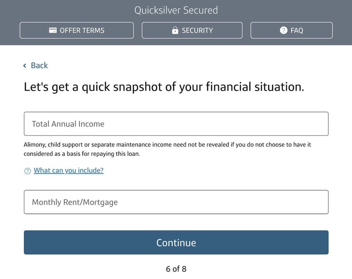 Screenshot of Capital One Quicksilver Secured Cash Rewards Credit Card Application Step 5 Screenshot of Capital One Quicksilver Secured Cash Rewards Credit Card Application Step 5