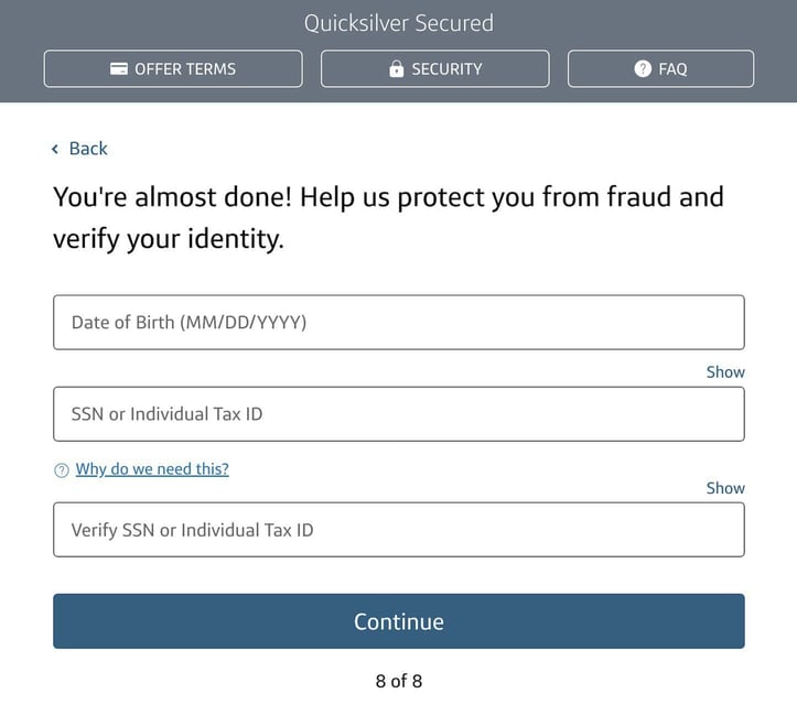 Screenshot of Capital One Quicksilver Secured Cash Rewards Credit Card Application Step 8 Screenshot of Capital One Quicksilver Secured Cash Rewards Credit Card Application Step 8