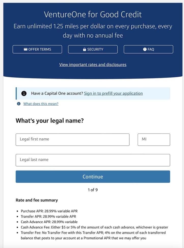 Capital One VentureOne for Good Credit application Step 1