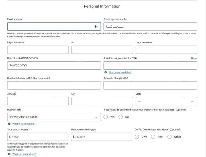 Screenshot of the Capital One Spark Select application step 1 Screenshot of the Capital One Spark Select application step 1