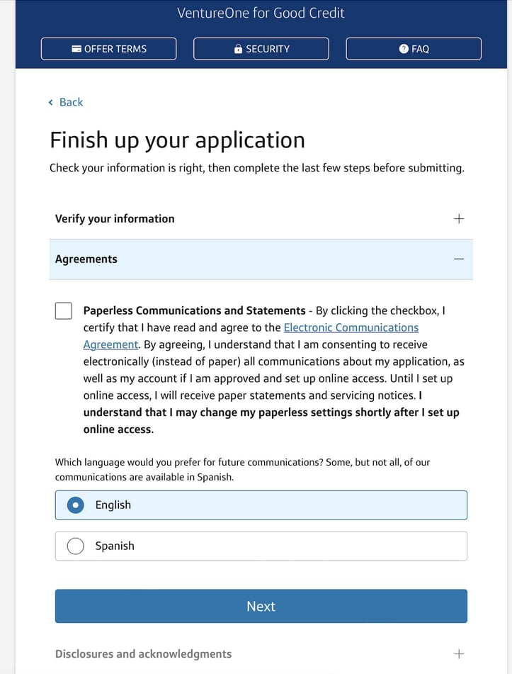 Capital One VentureOne for Good Credit application Step 10