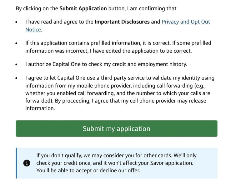Screenshot of Capital One Savor Cash Rewards for Good Credit application Step 10b