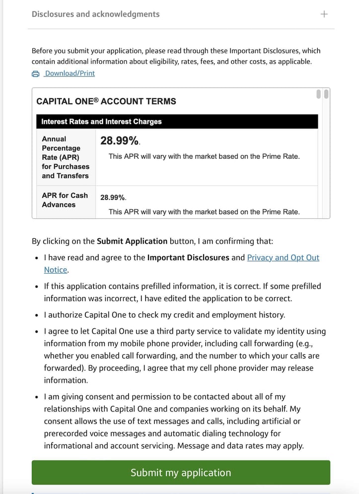 Capital One VentureOne for Good Credit application Step 11