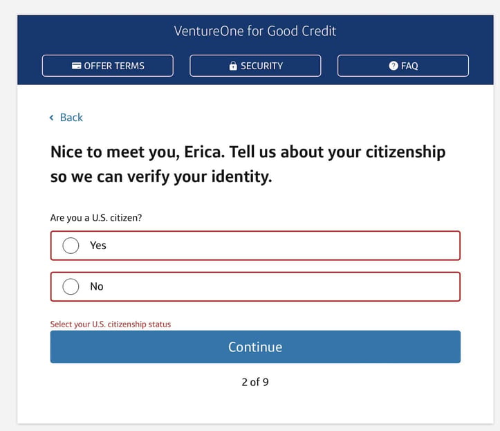 Capital One VentureOne for Good Credit application Step 2
