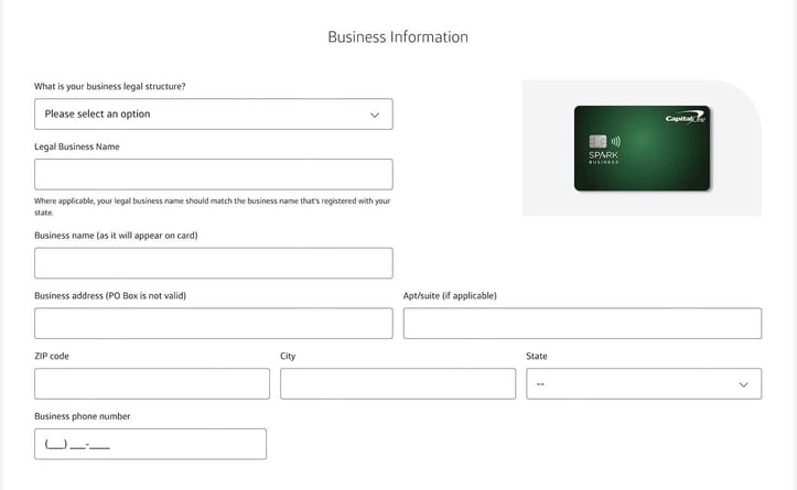 Screenshot of the Capital One Spark Select application step 2 Screenshot of the Capital One Spark Select application step 2