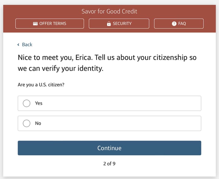 Screenshot of Capital One Savor Cash Rewards for Good Credit application Step 2