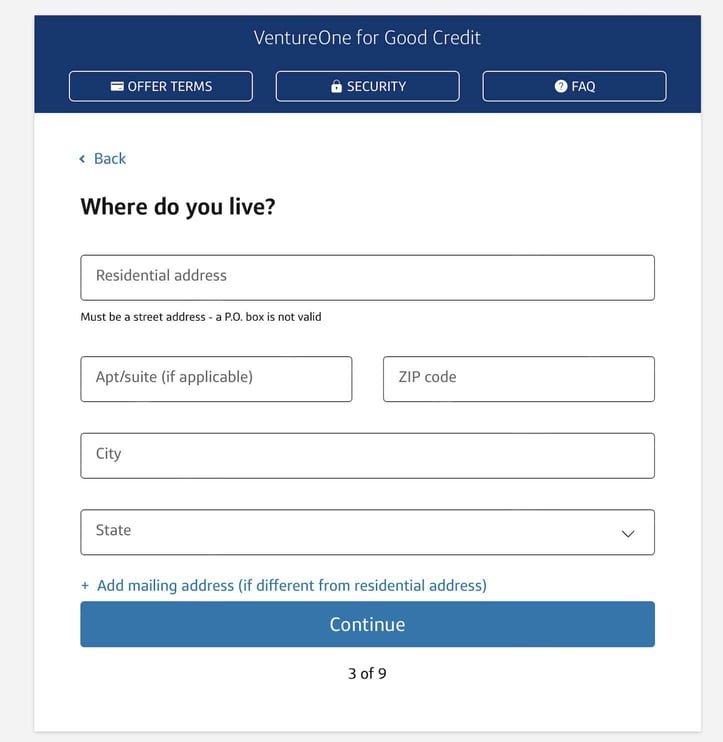 Capital One VentureOne for Good Credit application Step 3