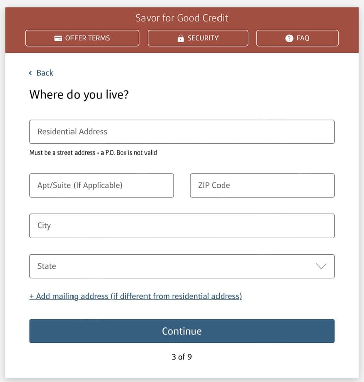 Screenshot of Capital One Savor Cash Rewards for Good Credit application Step 3