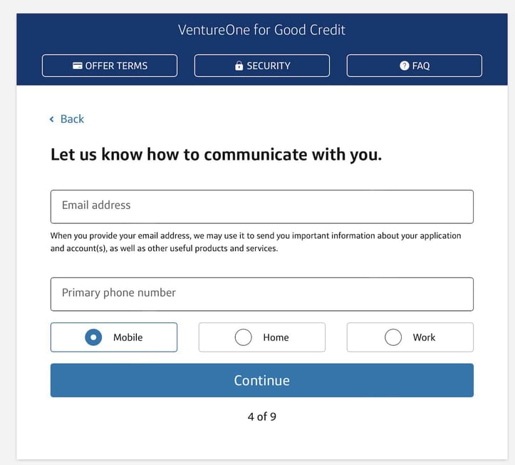Capital One VentureOne for Good Credit application Step 4
