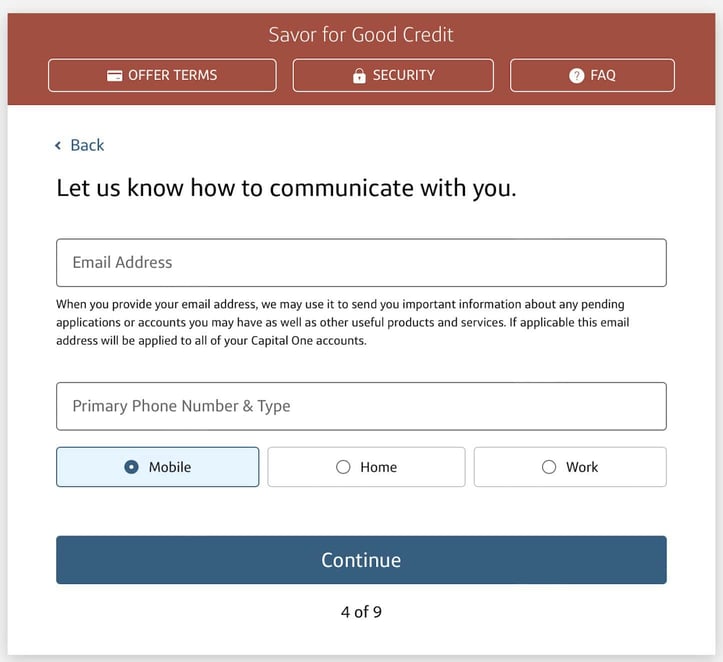 Screenshot of Capital One Savor Cash Rewards for Good Credit application Step 4