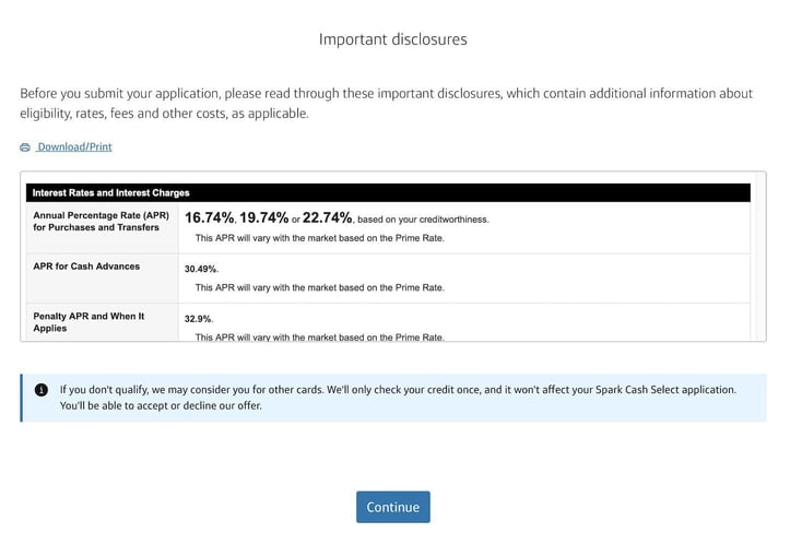 Screenshot of the Capital One Spark Select application step 5 Screenshot of the Capital One Spark Select application step 5