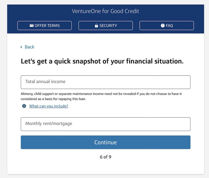 Capital One VentureOne for Good Credit application Step 6