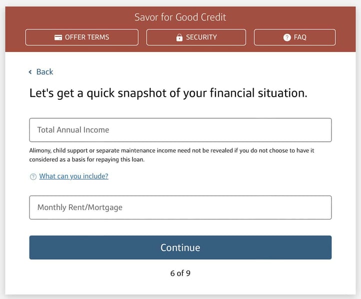 Screenshot of Capital One Savor Cash Rewards for Good Credit application Step 6