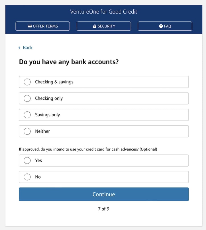 Capital One VentureOne for Good Credit application Step 7