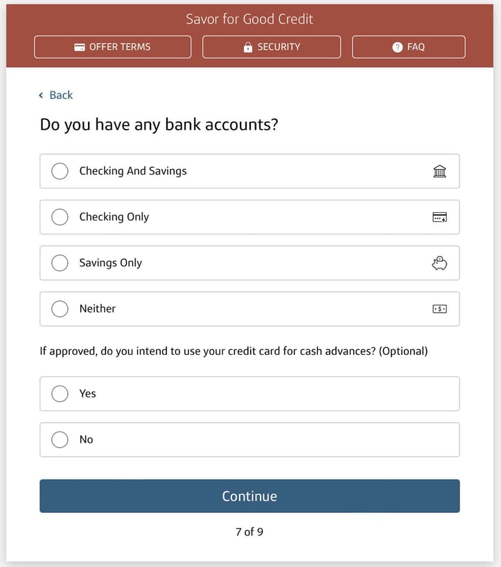 Screenshot of Capital One Savor Cash Rewards for Good Credit application Step 7