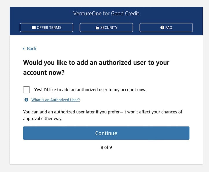 Capital One VentureOne for Good Credit application Step 8
