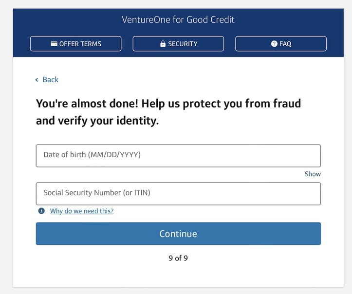Capital One VentureOne for Good Credit application Step 9