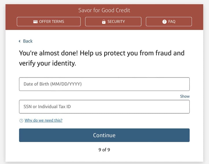 Screenshot of Capital One Savor Cash Rewards for Good Credit application Step 9