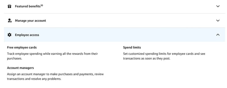 Screenshot of Capital One Venture Business employee access information from the website