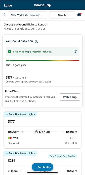 Screenshot of booking a flight through the Capital One Travel portal