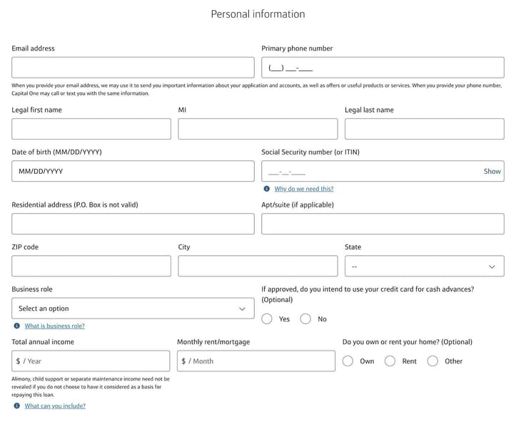 Screenshot of the Capital One Venture Business Credit Card application step 1