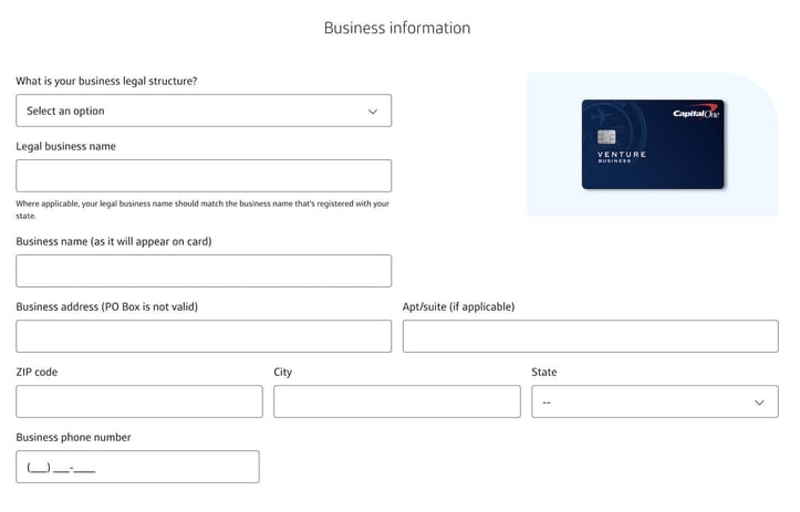 Screenshot of the Capital One Venture Business Credit Card application step 2