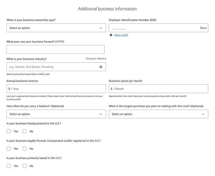 Screenshot of the Capital One Venture Business Credit Card application step 3