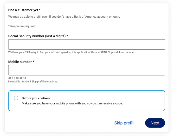 Screenshot of BankAmericard application step 1