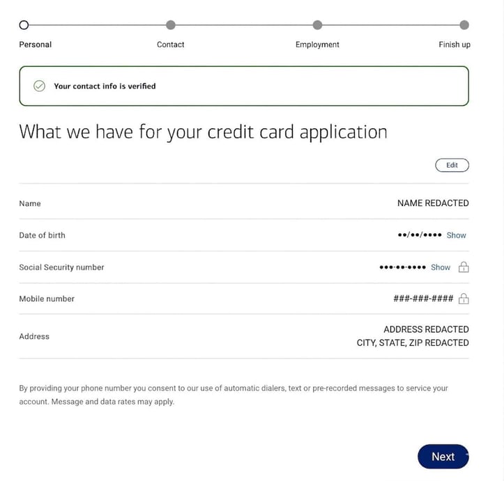 Screenshot of BankAmericard application step 3